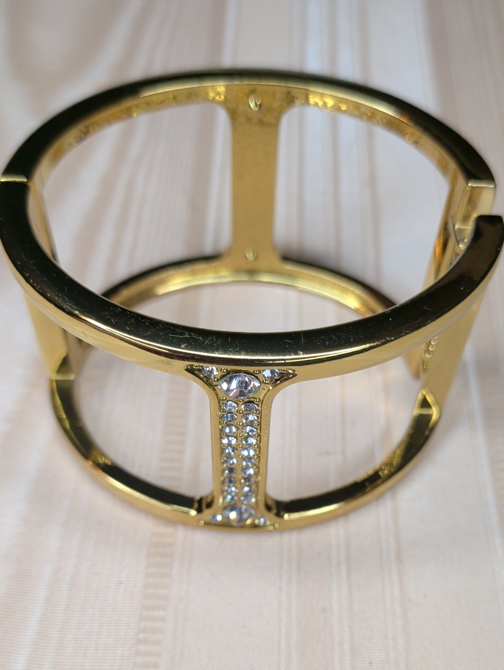 Vintage 80s Gold & Crystal Bracelet Wide Clamper Open Cuff Elegant - Picture 4 of 8